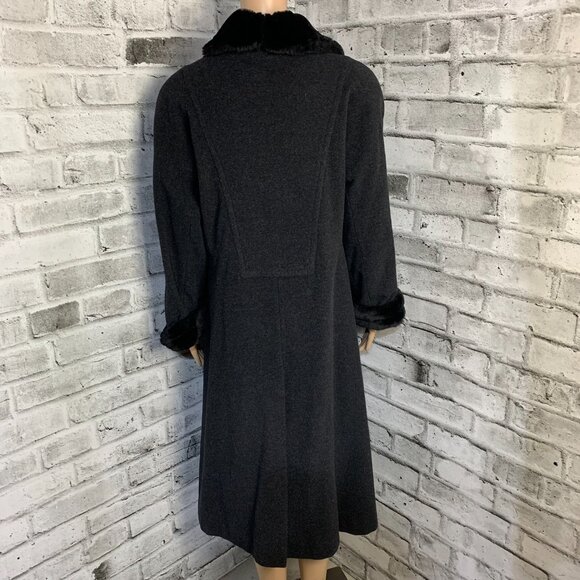 Vintage JNY Wool Cashmere Maxi Overcoat Coat 6 Black Faux Fur Trim Collar Cuffs - Picture 5 of 16